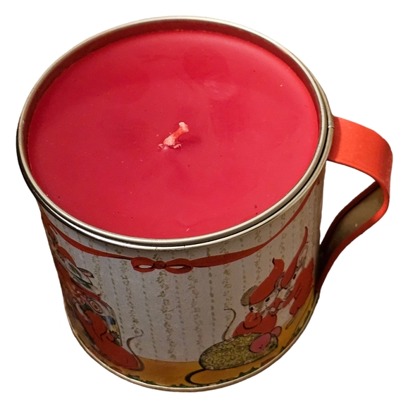 Vintage Jasco Holiday Cheer Tin Cup Christmas Mice Themed Candle / Bank - 1970's - Picture 3 of 10